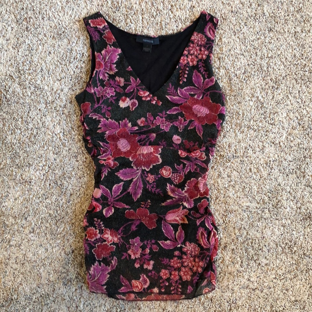 Express Shimmer Floral Print Ruched Top - Small